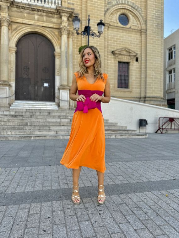 Vestido bicolor de invitada a boda y evento en tejido de punto de seda Vestido bicolor de invitada a boda y evento en tejido de punto de seda