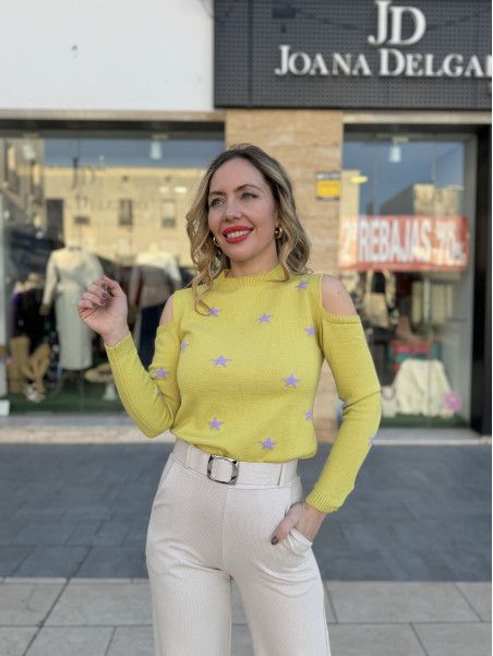 Jersey de punto fino con estampado de estrellas y aberturas en hombros