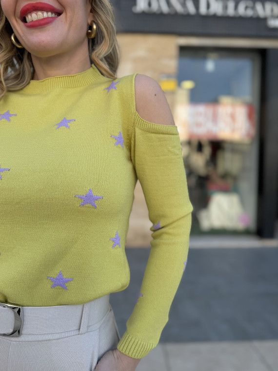 Jersey de punto fino con estampado de estrellas y aberturas en hombros Jersey de punto fino con estampado de estrellas y aberturas en hombros