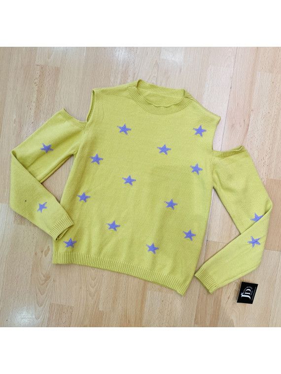 Jersey de punto fino con estampado de estrellas y aberturas en hombros Jersey de punto fino con estampado de estrellas y aberturas en hombros