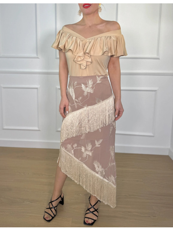 Falda de Flecos Bordada GIORGIA BEIGE