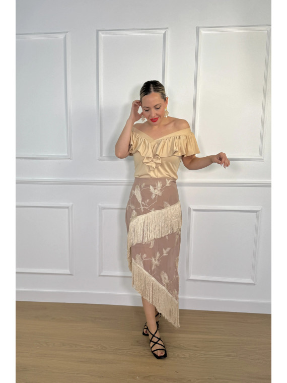 Falda de Flecos Bordada GIORGIA BEIGE