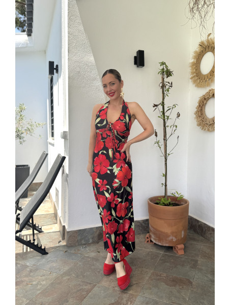 Vestido midi negro con estampado hawaiano