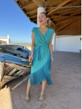 Vestido midi de fiesta con corte en la cintura y manga corta. Vestido midi de fiesta con corte en la cintura y manga corta.