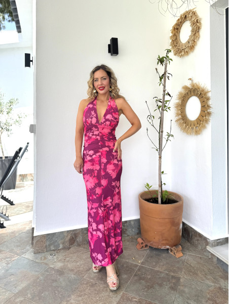 Vestido midi con estampado floral atado al cuello, ideal para un event