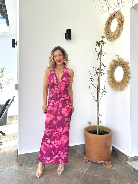 Vestido midi con estampado floral atado al cuello, ideal para un event Vestido midi con estampado floral atado al cuello, ideal para un event