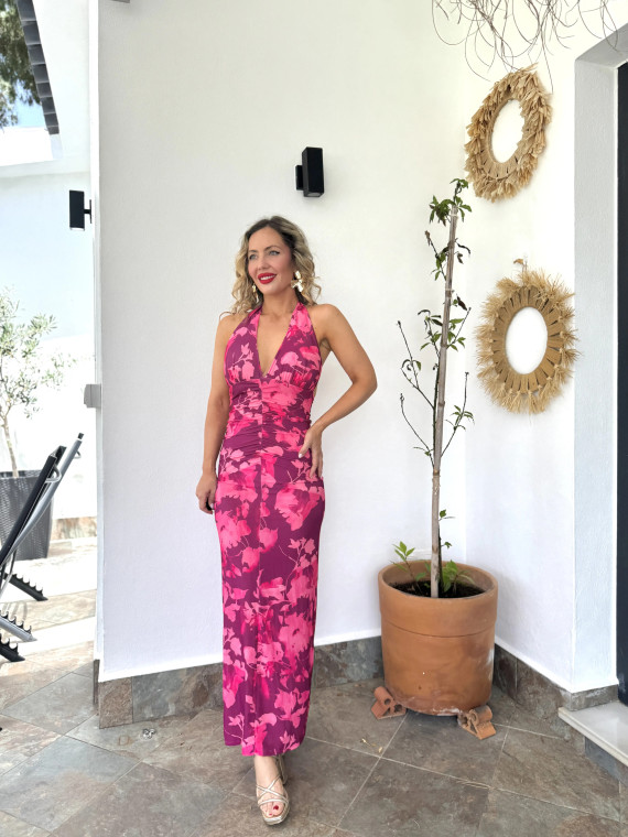 Vestido midi con estampado floral atado al cuello, ideal para un event Vestido midi con estampado floral atado al cuello, ideal para un event