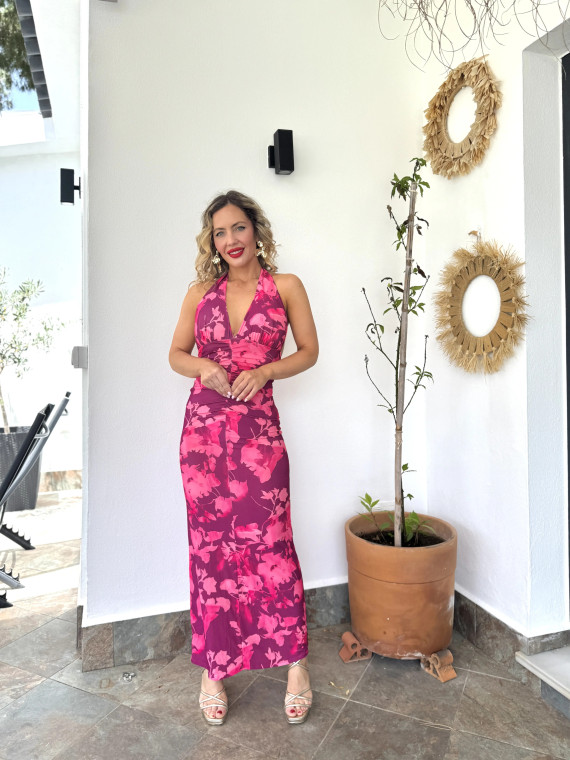 Vestido midi con estampado floral atado al cuello, ideal para un event Vestido midi con estampado floral atado al cuello, ideal para un event