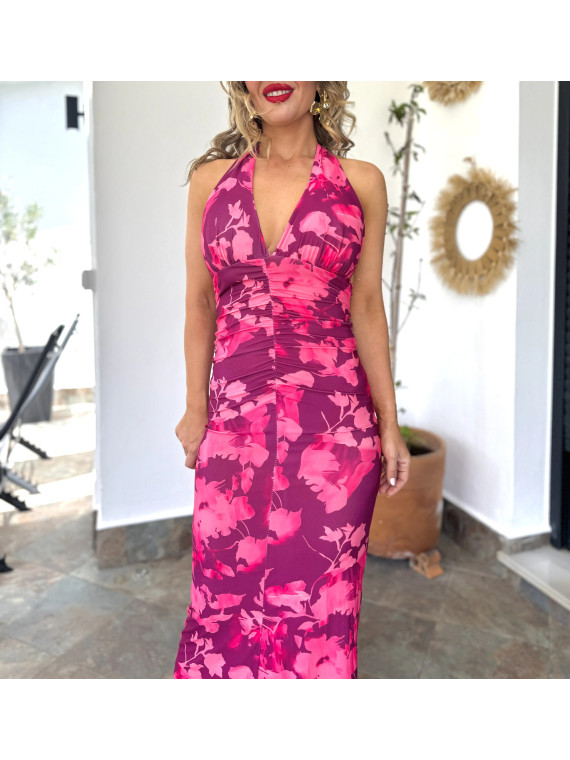 Vestido midi con estampado floral atado al cuello, ideal para un event Vestido midi con estampado floral atado al cuello, ideal para un event