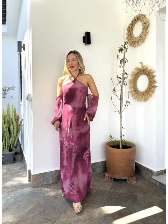 Vestido largo de gasa estampado con mangas caídas. Vestido largo de gasa estampado con mangas caídas.