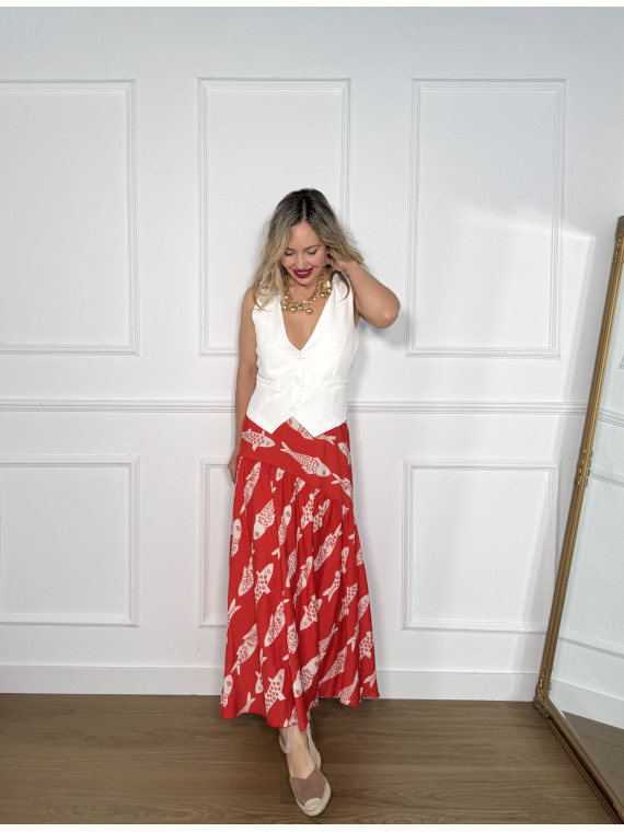 Falda larga con estampado de peces, ideal para tus looks de verano.
