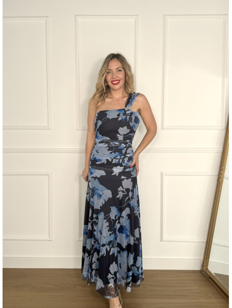 Vestido largo de microtul estampado.